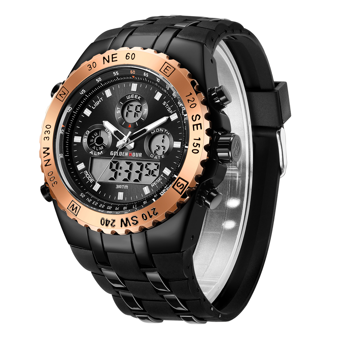 GOLDEN HOUR GH-124-RG-B Mens Big Face Digital Analog Watches