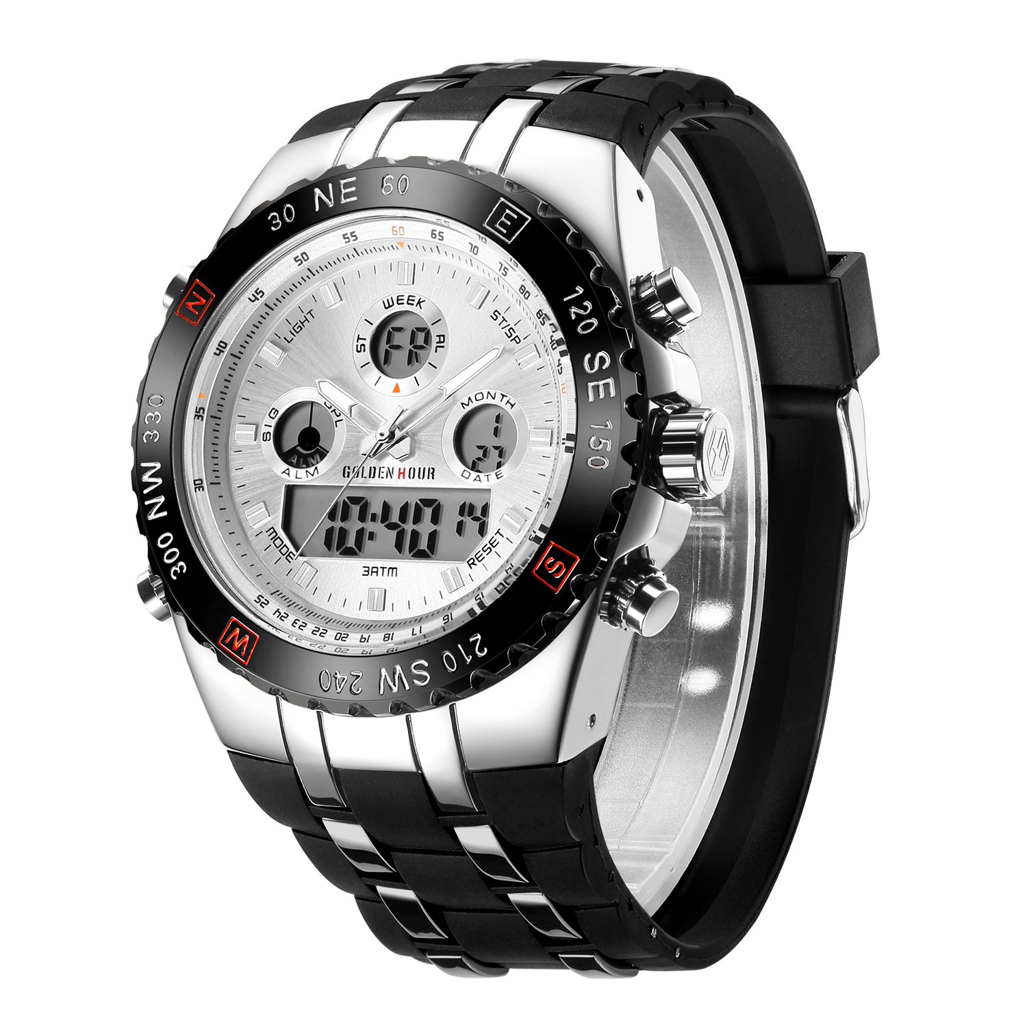 GOLDEN HOUR GH-124-S-W Mens Big Face Digital Analog Watches