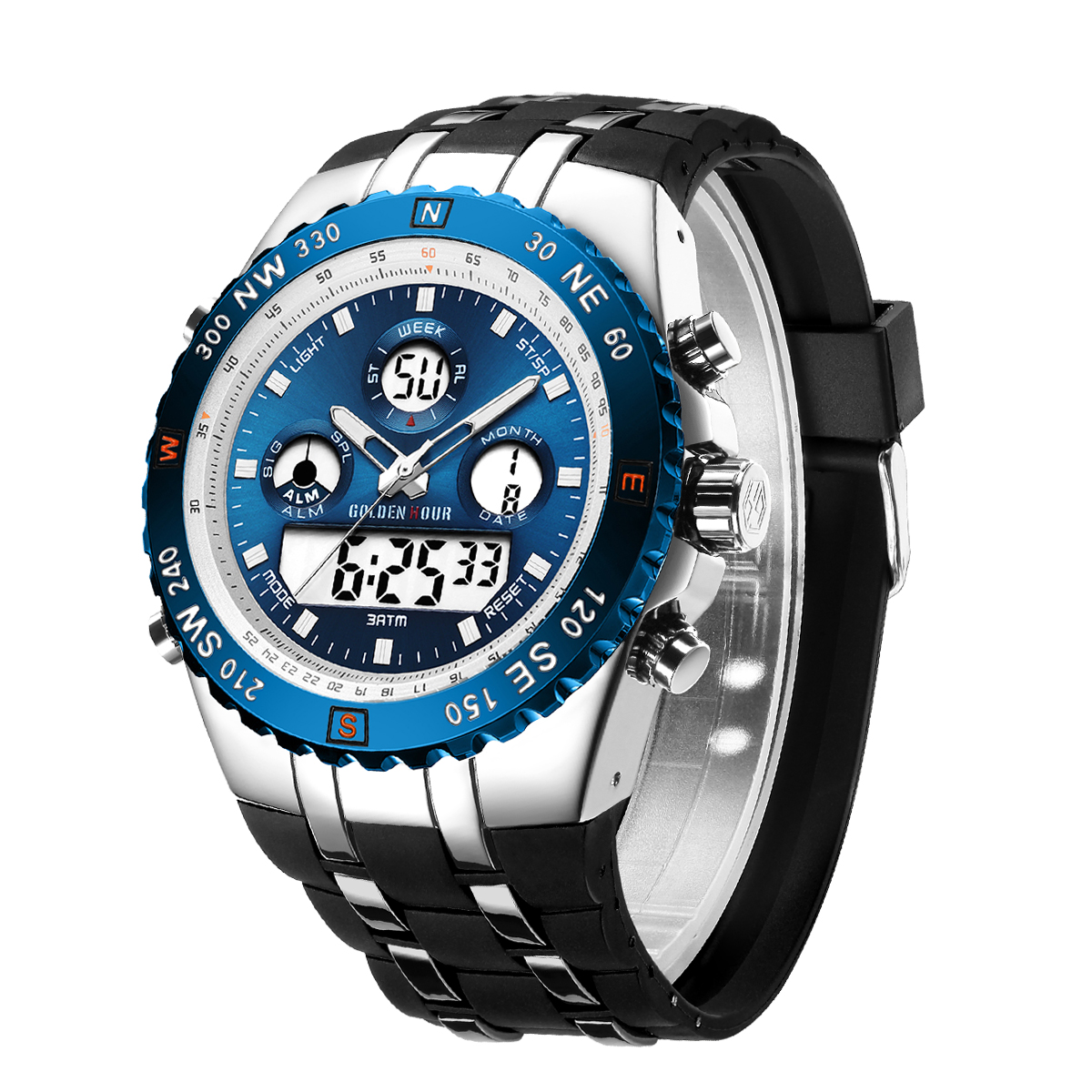 GOLDEN HOUR GH-124-S-BE Mens Big Face Digital Analog Watches