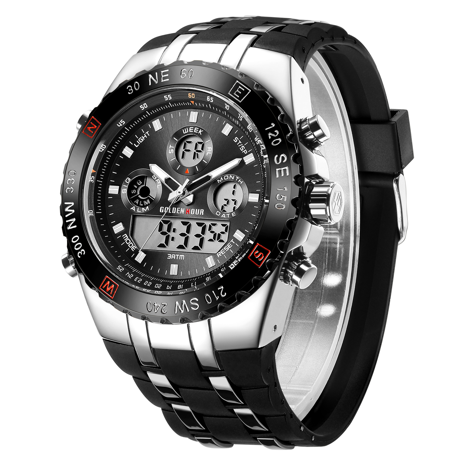 GOLDEN HOUR GH-124-S-B Mens Big Face Digital Analog Watches