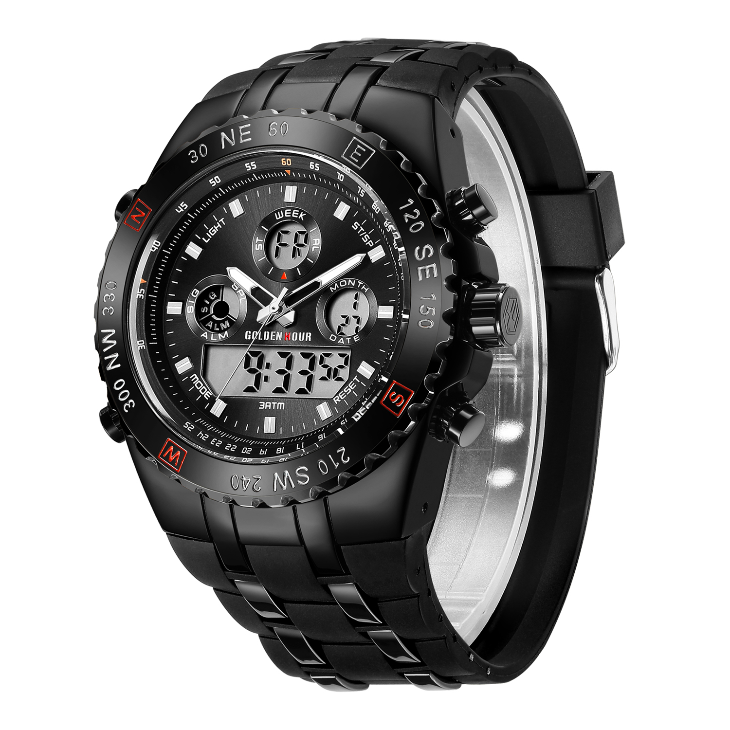 GOLDEN HOUR GH-124-B-B Mens Big Face Digital Analog Watches