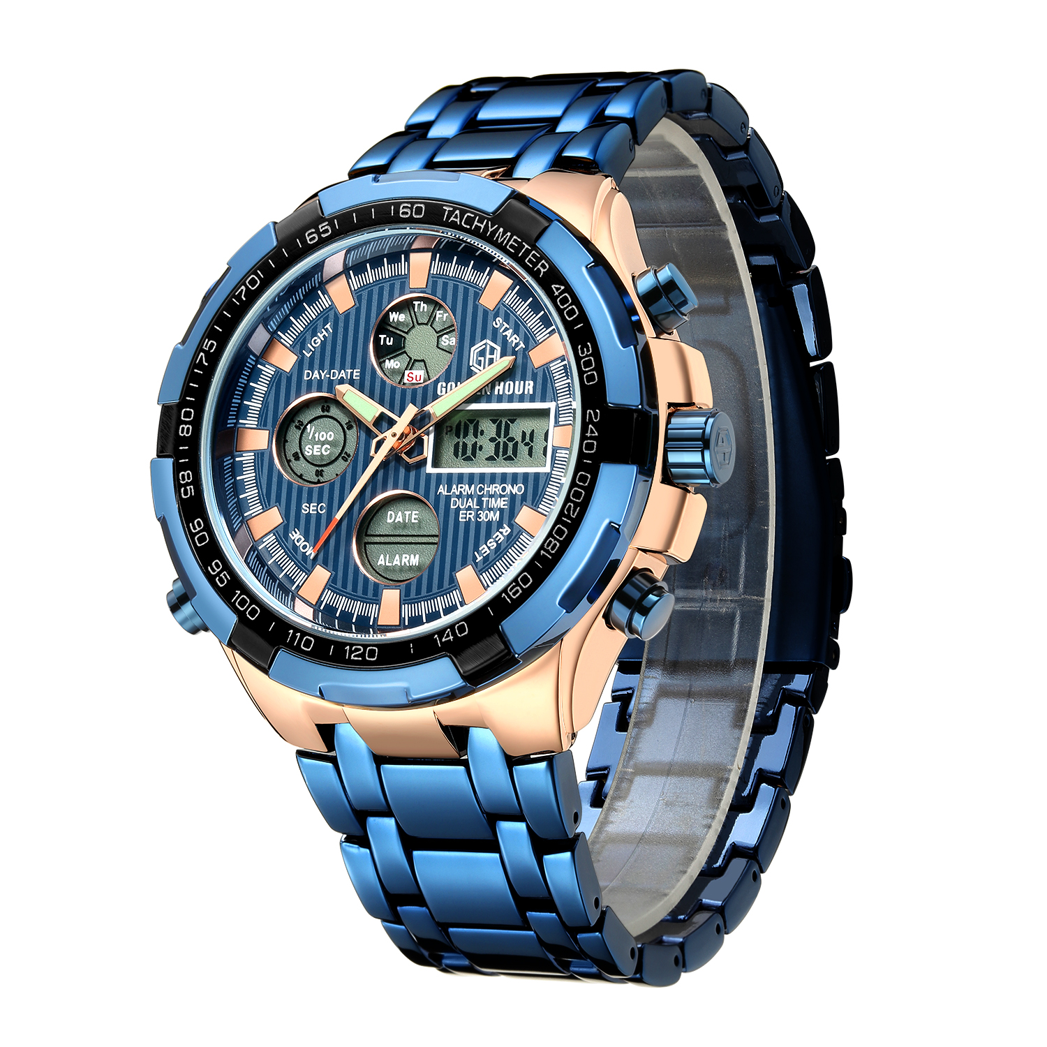 GOLDEN HOUR GH-108-RG-BE Mens Stainless Steel Digital Analog Watches