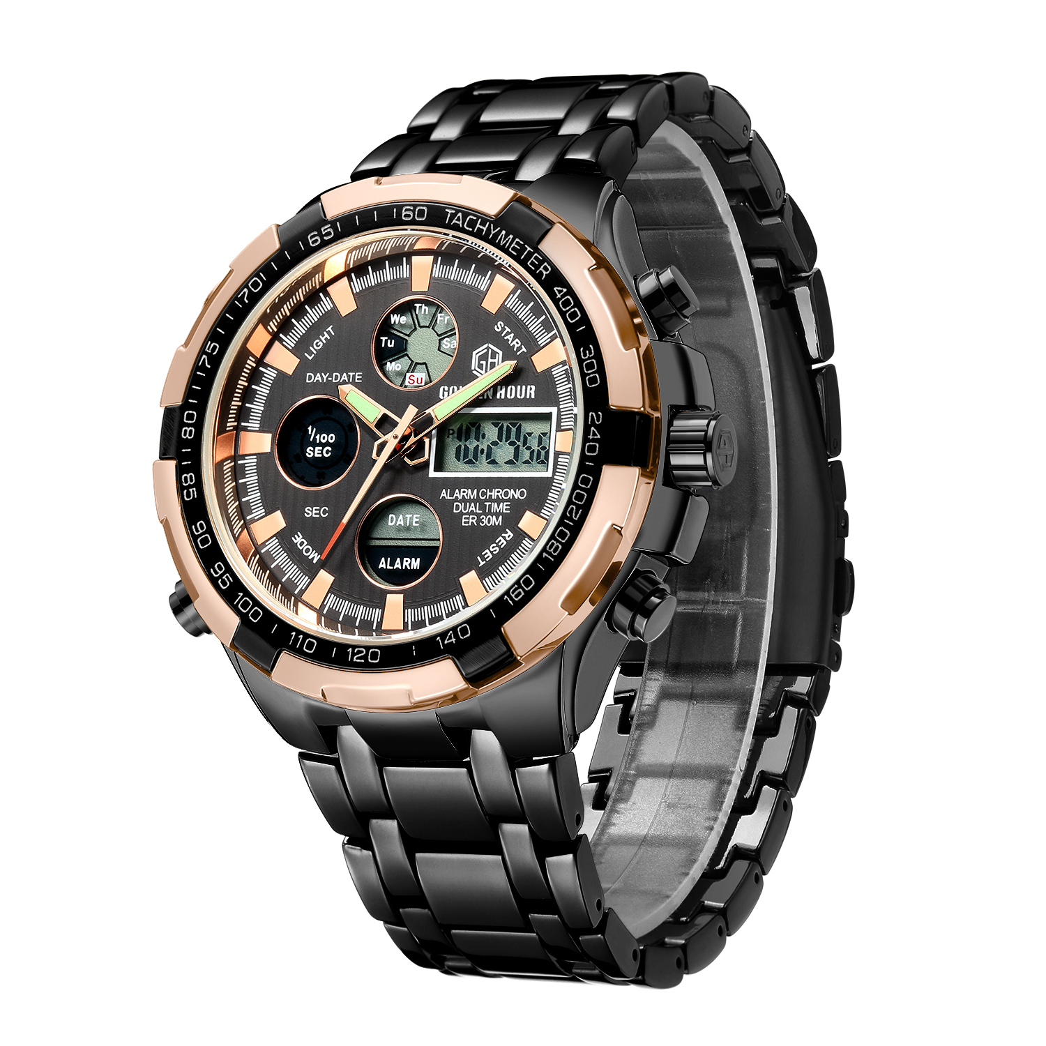 GOLDEN HOUR GH-108-RG-B Mens Stainless Steel Digital Analog Watches