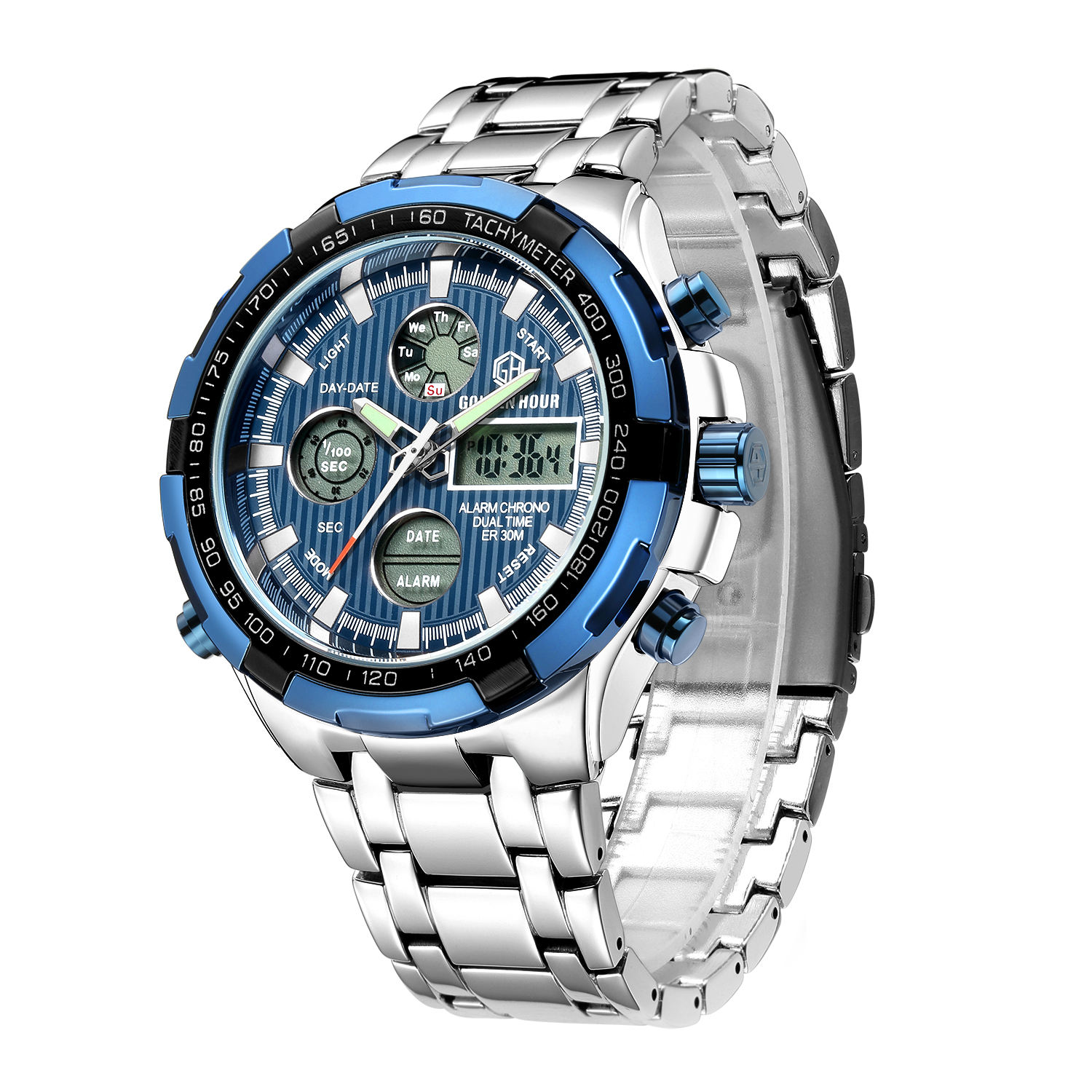 GOLDEN HOUR GH-108-S-BE Mens Stainless Steel Digital Analog Watches