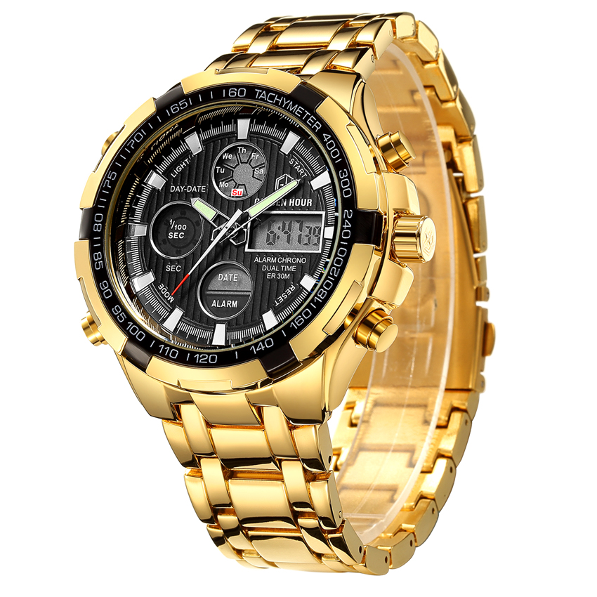 GOLDEN HOUR GH-108-G-B Mens Stainless Steel Digital Analog Watches