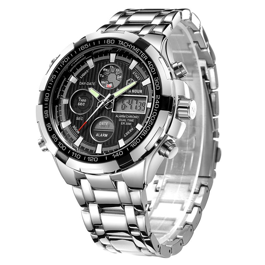 GOLDEN HOUR GH-108-S-B Mens Stainless Steel Digital Analog Watches