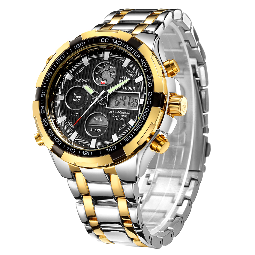 GOLDEN HOUR GH-108-S-G-B Mens Stainless Steel Digital Analog Watches